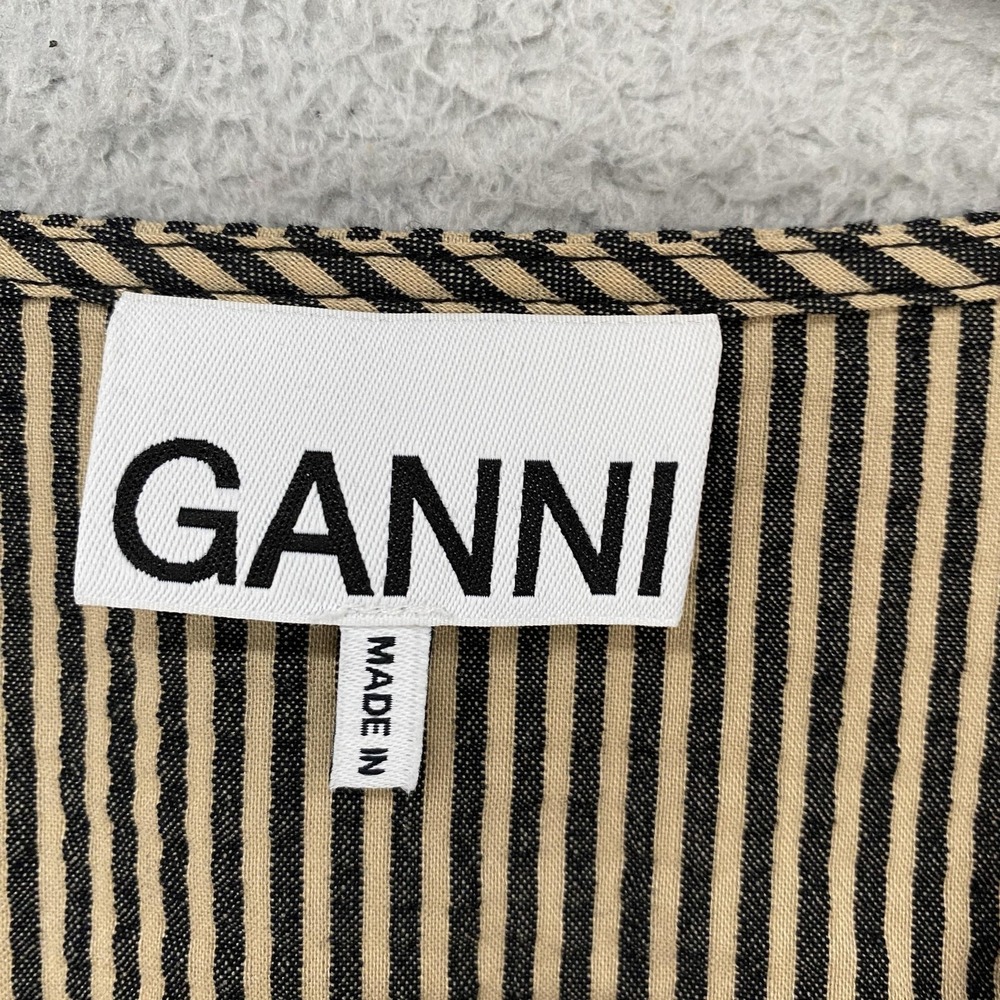 Ganni Seersucker Tie Top Womens 38 Striped Peplum Bow Ruffle Short Sleeve Beige - Picture 6 of 13